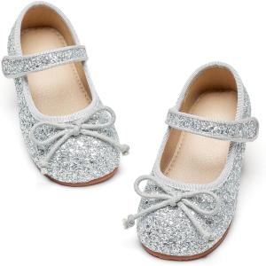 imageGINFIVE Toddler Girls Dress Shoes Little Girls Mary Janes Ballerina Flats Shoes ToddlerGf371silver